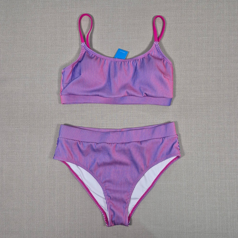 Cupshe Pink Purple Striped Ribbed High Waisted Bikini Set NWT Size L